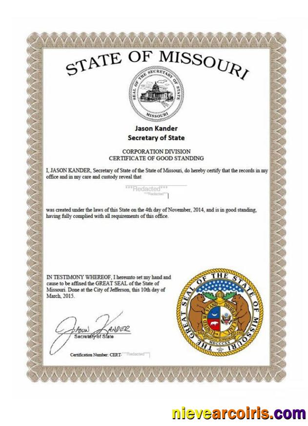 USA Missouri certificate of good standing